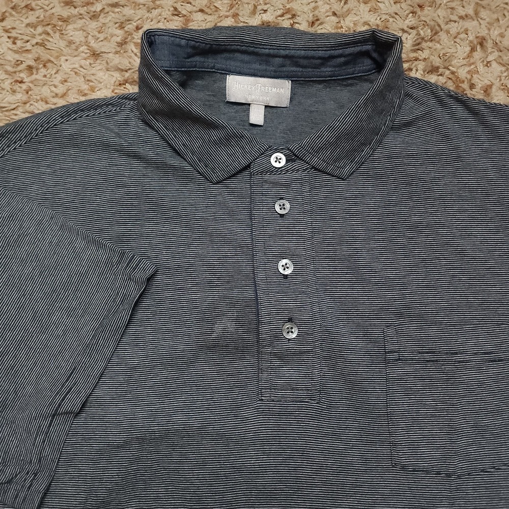 Hickey Freeman Navy Blue Stripe‎ Polo Mens XL Short Sleeve Shirt